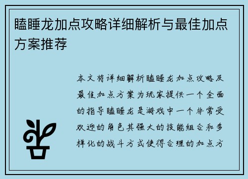 瞌睡龙加点攻略详细解析与最佳加点方案推荐